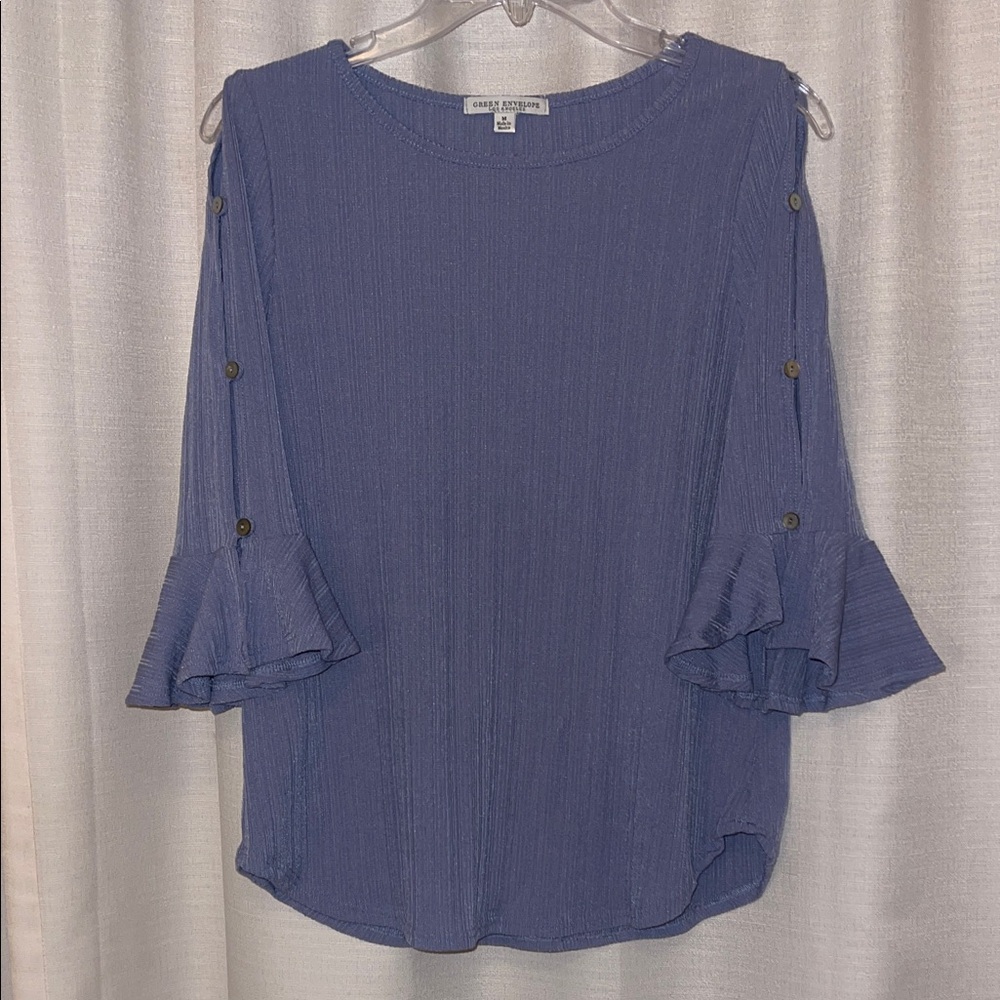 Green Envelope Periwinkle Blouse with Button Accents